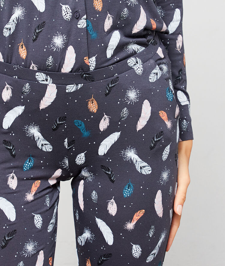 Pyjamabroek met verenprint antraciet.
