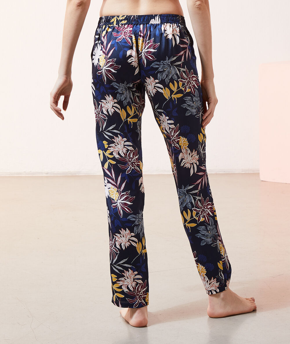 Gesatineerde broek met print marine.