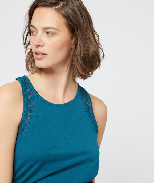 D&eacute;bardeur en coton avec dentelle graphique bleu petrole.