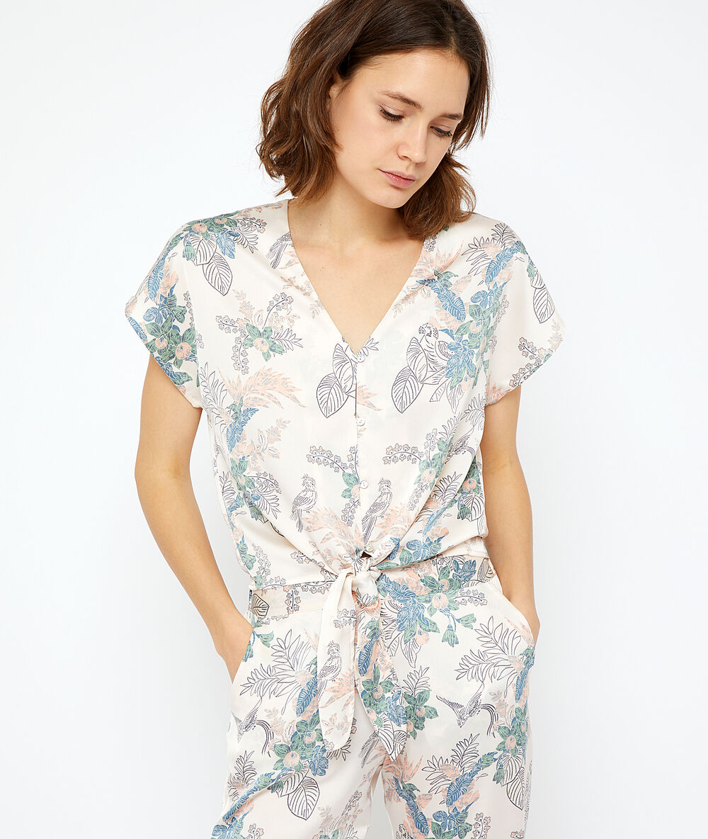 Top met strikkoord print op ecru.