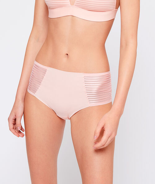 Culotte en microfibre, ajour&eacute;e de tulle rose poudre.