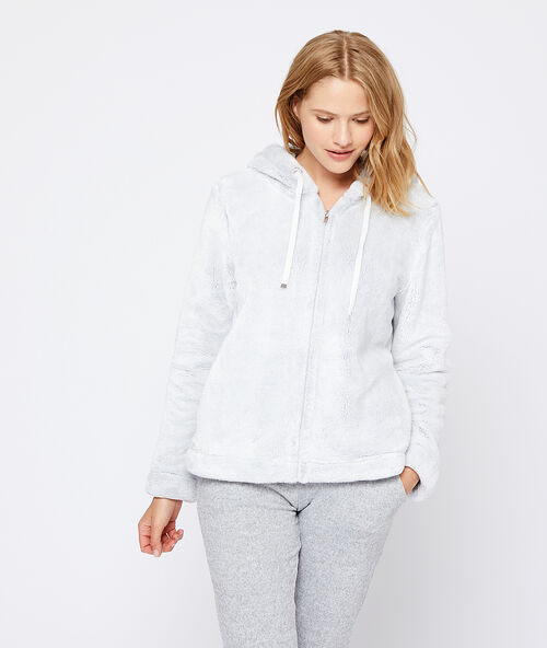 Vest met capuchon van imitatiebont ecru.