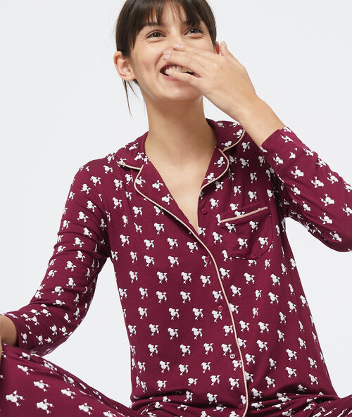 Chemise pyjama d'homme imprim&eacute; caniche bordeaux.