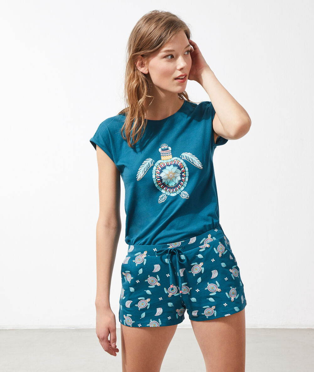 Shorts met schildpadprint eendenblauw.