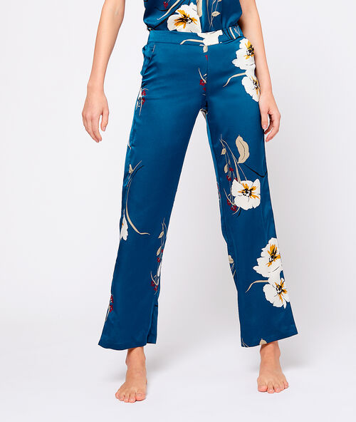 Pantalon satin imprim&eacute; bleu.