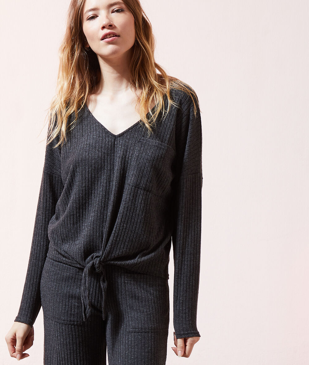 Loungewear ribgebreide top antraciet.