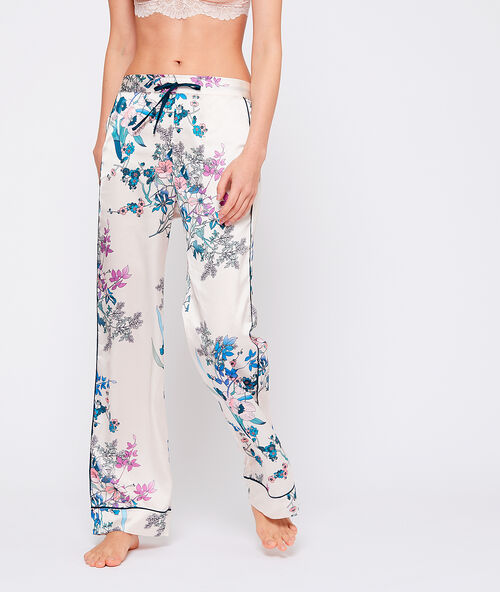 Satijnen pantalon met bloemenprint ecru.