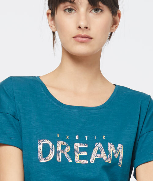 T-shirt imprim&eacute; &agrave; message bleu vert.