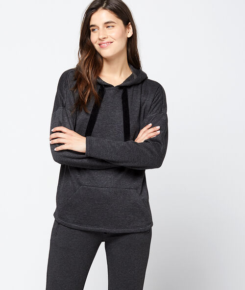 Sweat homewear &agrave; capuche liens velours gris.