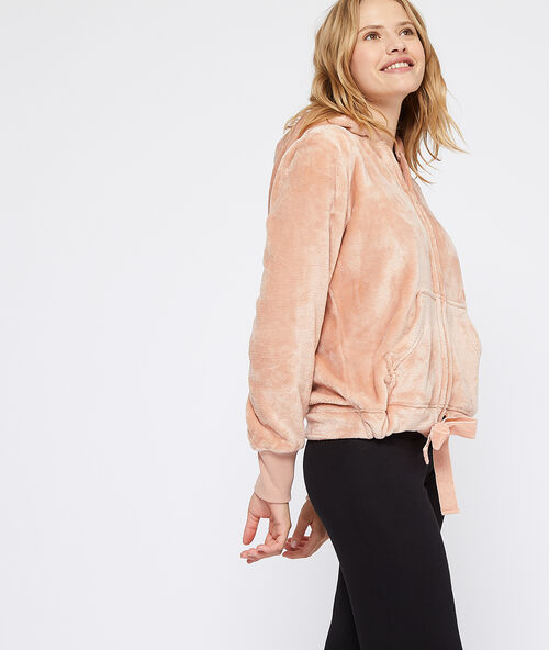 Vest met capuchon van imitatiebont roze.