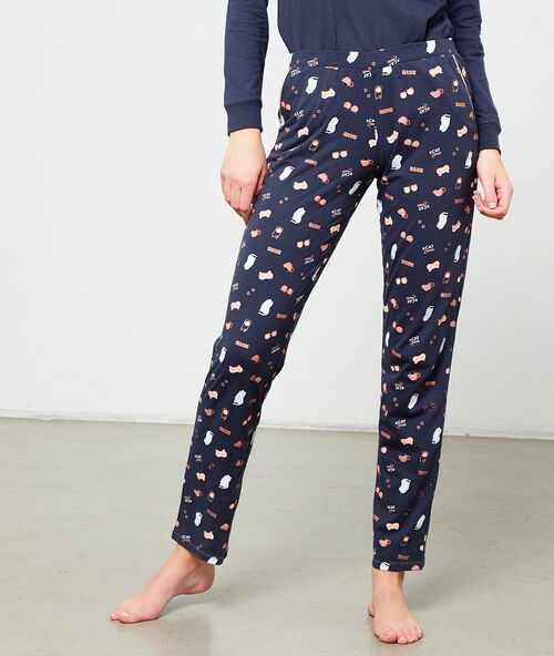 Pantalon imprim&eacute; bleu.