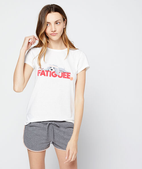 T-shirt imprim&eacute; chien message " fatigu&eacute;e" ecru.