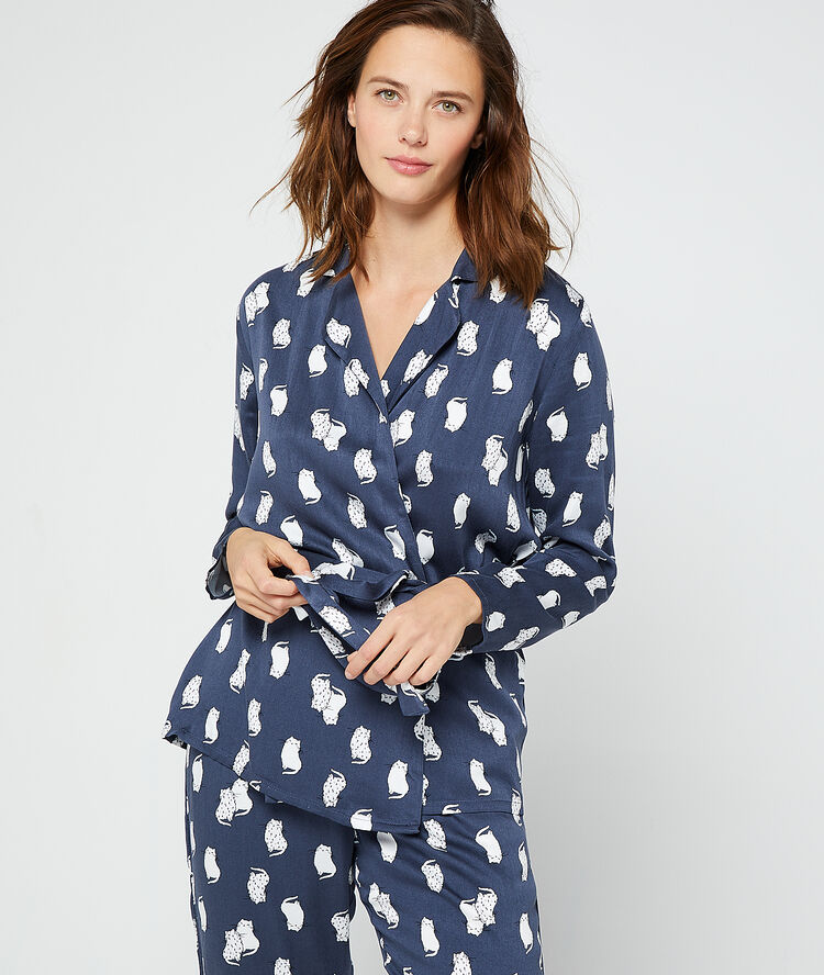Chemise de pyjama imprimé chats bleu.