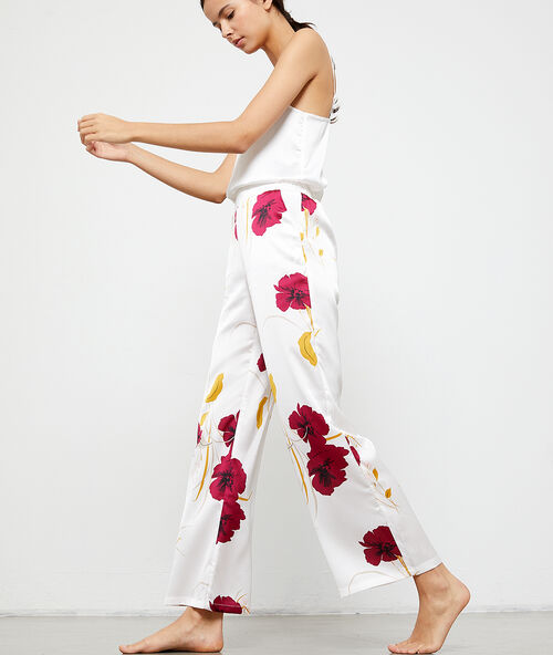 Pantalon satin imprim&eacute; fleuri ecru.