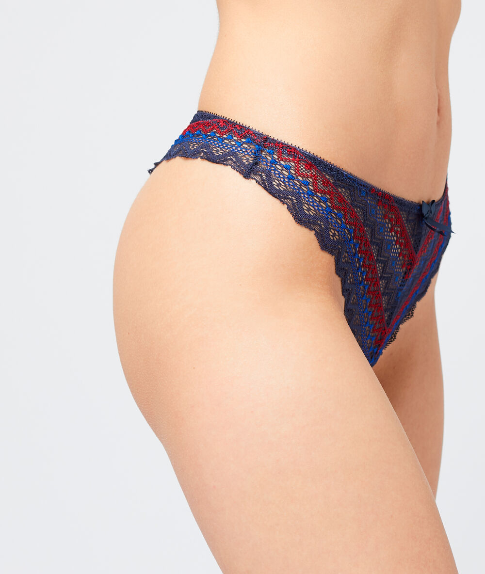 Tanga en dentelle géométrique marine.