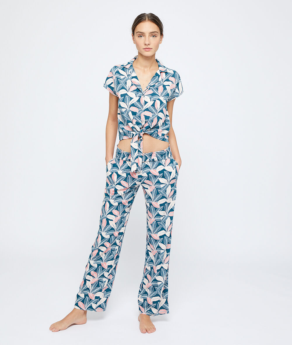 Broek in viscose ecovero met bladerprint veelkleurig.