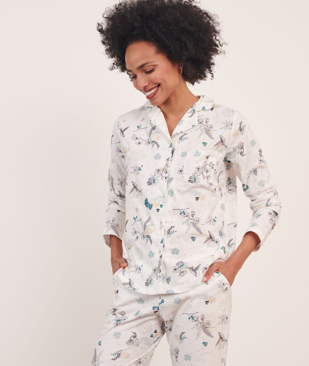 Pyjamahemd met print ecru.