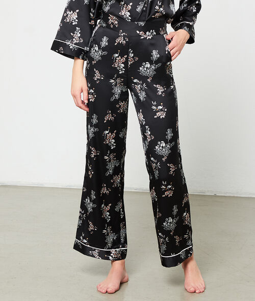 Pantalon satin&eacute; imprim&eacute; noir.