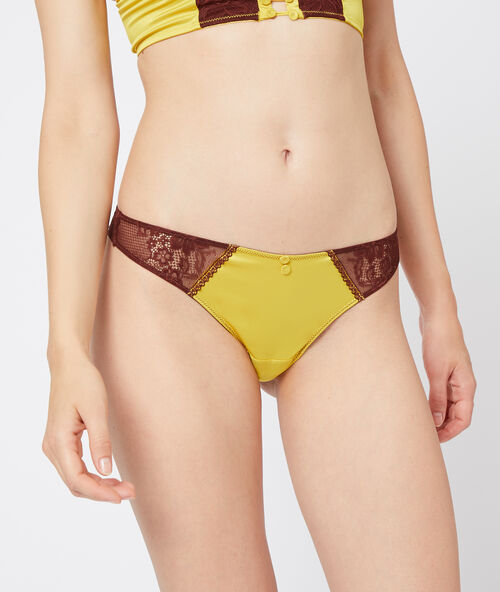 Tanga en dentelle et microfibre satin&eacute;e anis.