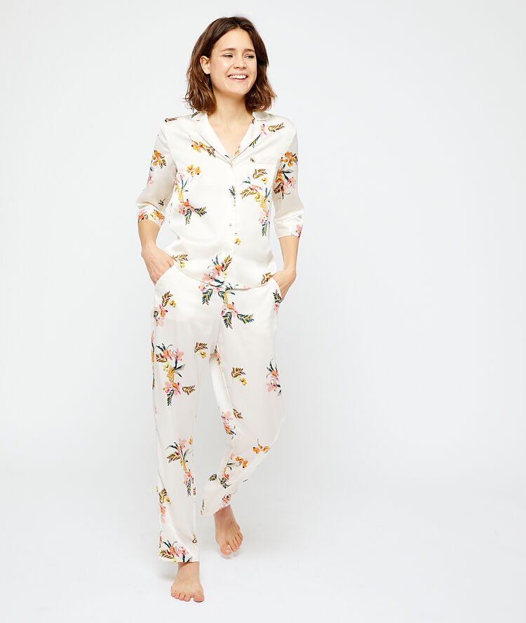 Pyjamahemd gesatineerd in gerecycled polyester print donker ecru.