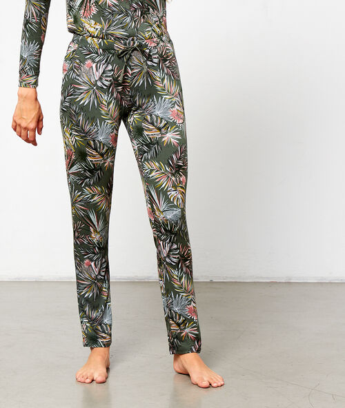 Pantalon viscose imprim&eacute; tropical kaki.