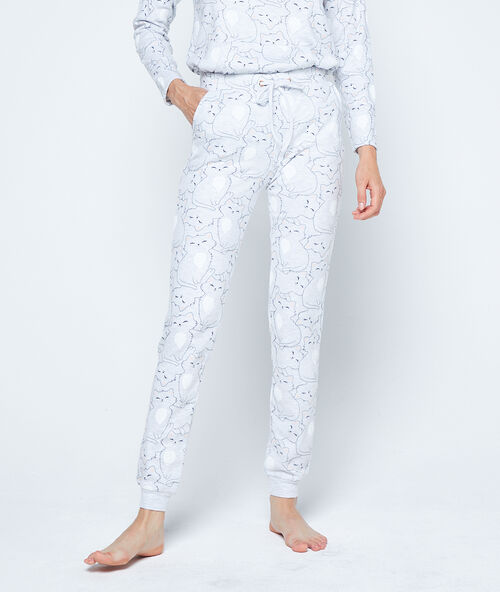 Pantalon imprim&eacute; chats gris.
