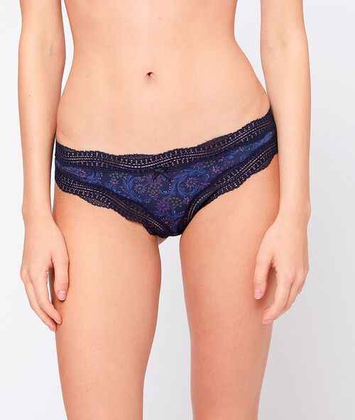 Tanga en microfibre, bords dentelle marine.