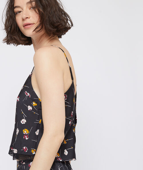 Crop-top met bloemenprint zwart.