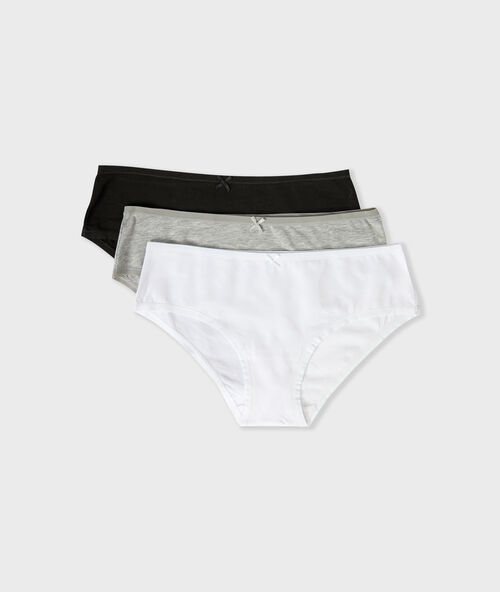 Lot de 3 shortys en coton blanc / noir / gris.