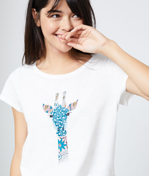 Katoenen t-shirt met girafprint ecru.