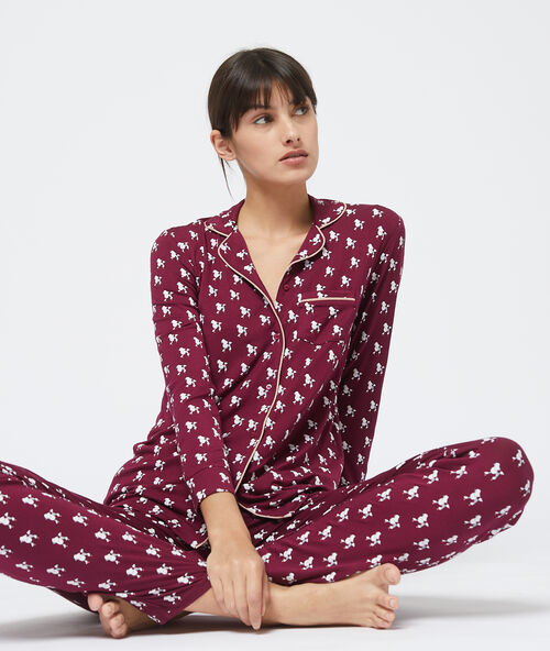 Pantalon imprim&eacute; caniche bordeaux.