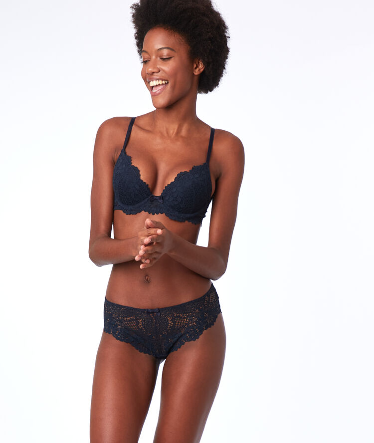 Shorty en dentelle florale bleu nuit.
