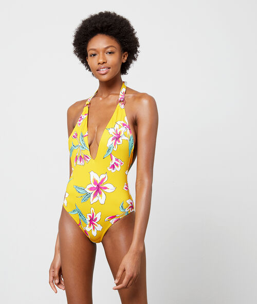 Maillot de bain une pi&egrave;ce, d&eacute;tails &oelig;illets fluos jaune acidule.