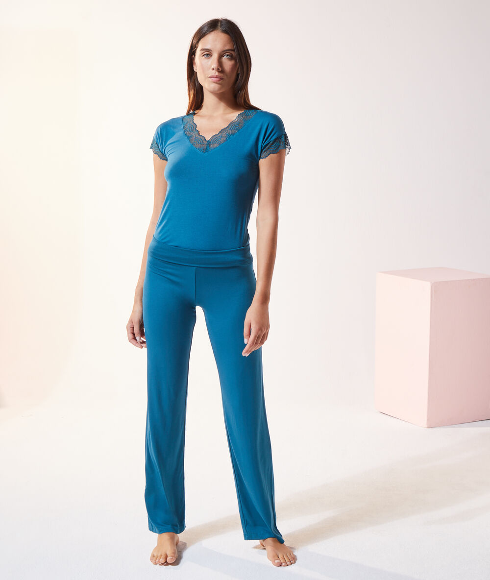 Broek met hoge taille eendenblauw.