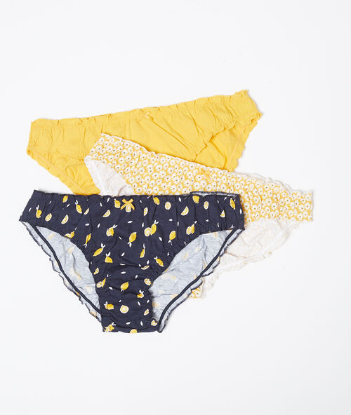 Set met drie katoenen slipjes pittig geel.