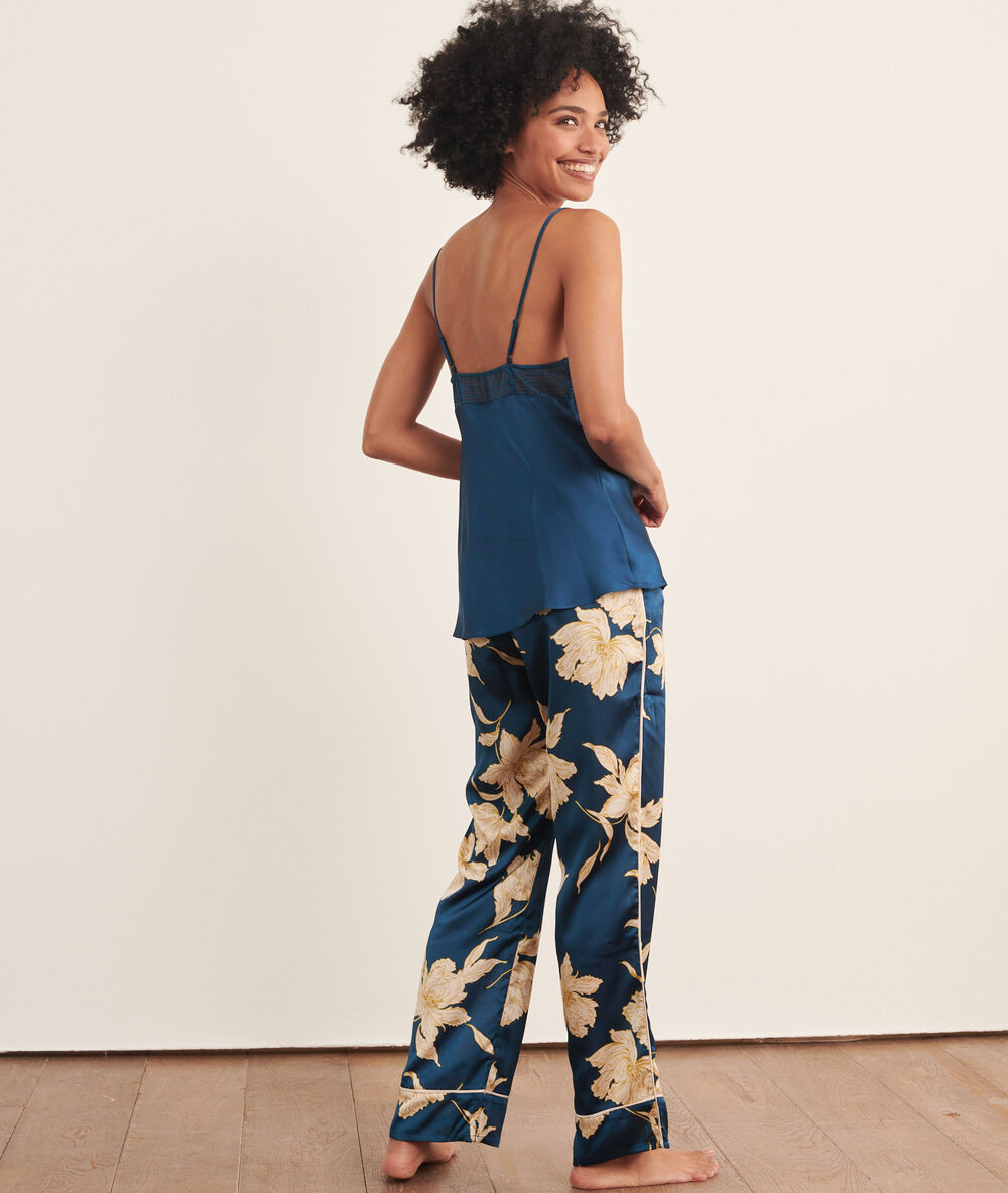 Pantalon met print petrol blauw.