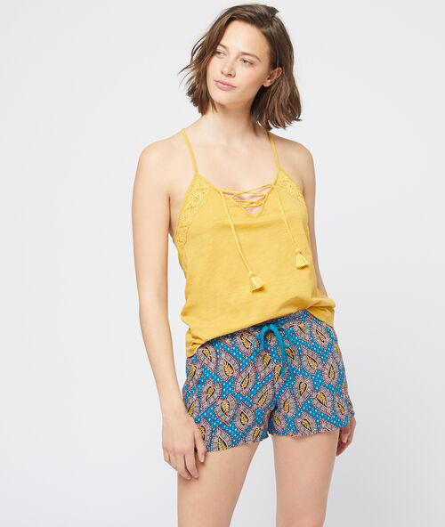 Short imprim&eacute;, &agrave; nouer bleu petrole.