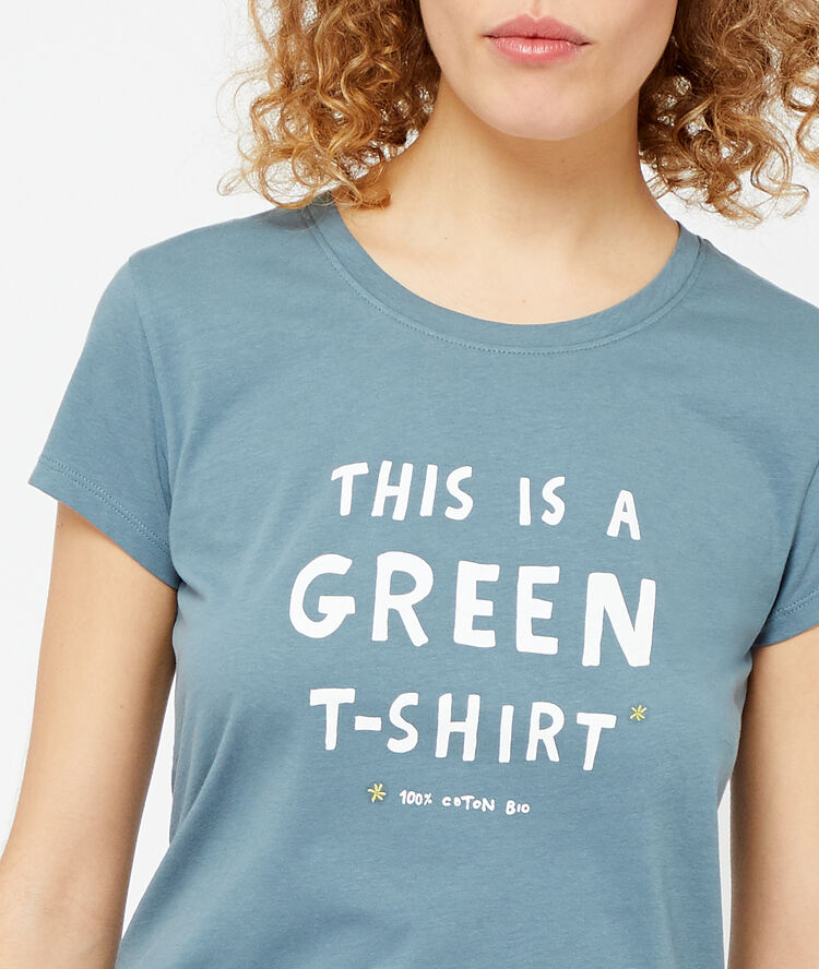 T-shirt 'this is a green t-shirt' blauw.