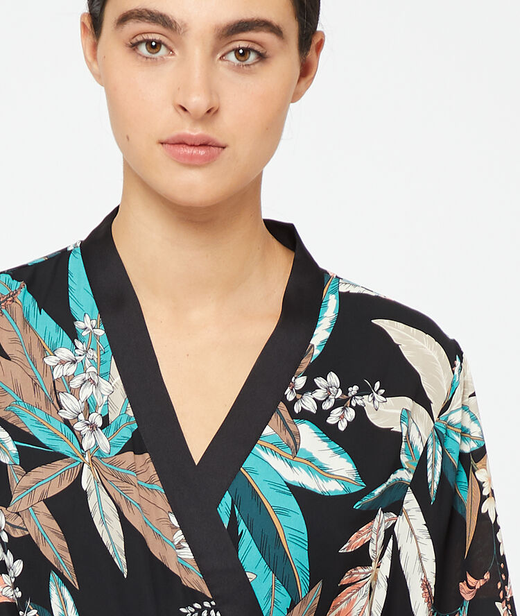 Kimono met botanical print zwart.