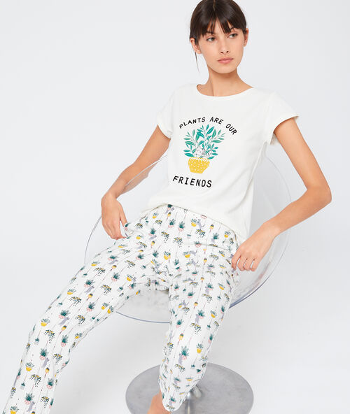 Pantalon imprim&eacute; en viscose &eacute;co-responsable ecru.