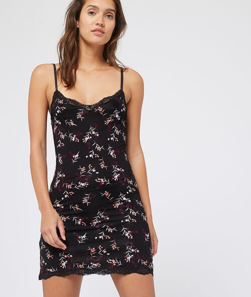 Nuisette imprim&eacute; fleuri d&eacute;collet&eacute; dentelle noir.