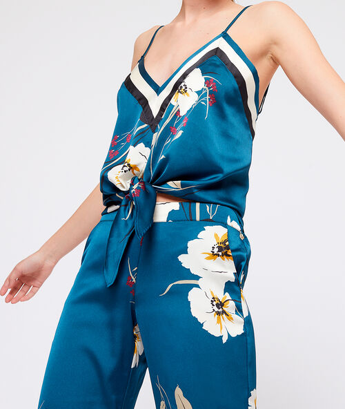 Satijnen top met print, om te knopen blauw.