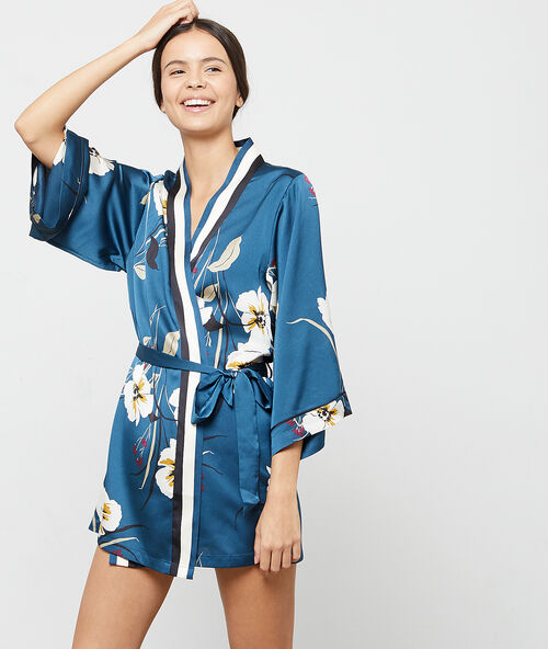 Satijnen kimono met bloemenprint blauw.