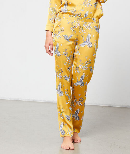 Pantalon satin&eacute; imprim&eacute; oiseaux anis.