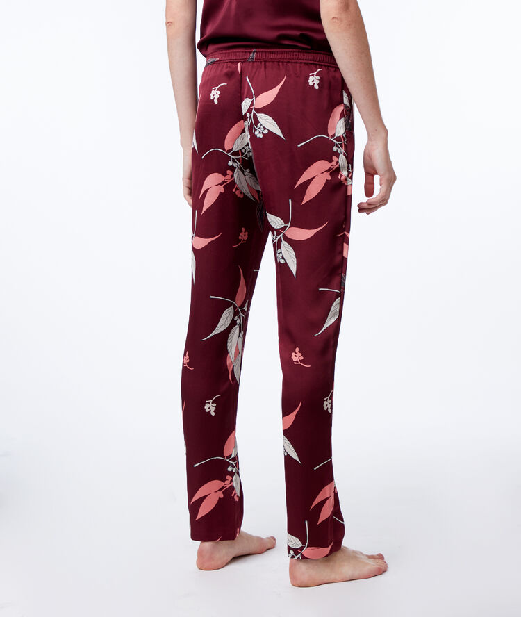 Pantalon imprimé satin bordeaux grenat.