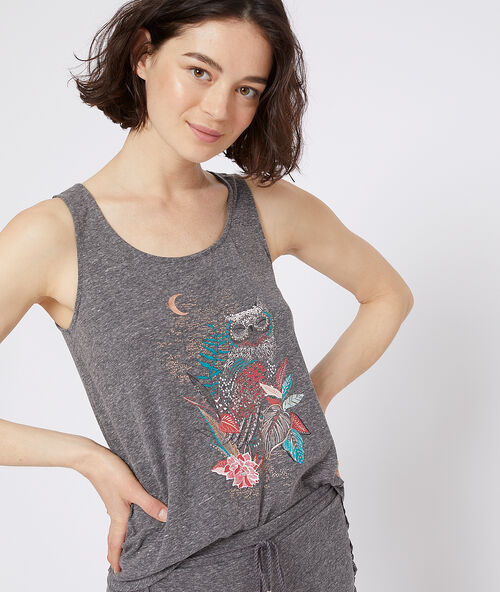 Tanktop met uilenprint antraciet.