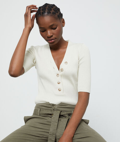 Geribbelde trui met korte mouwen zand.