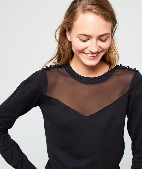Pull d&eacute;collet&eacute; effet transparent noir.