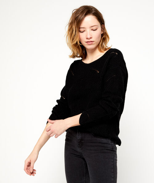 Grofgebreide trui, opengewerkt noir.