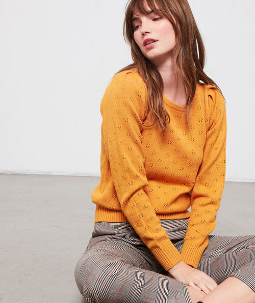Pull tricot &agrave; col rond ocre.